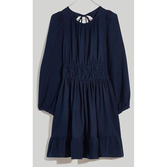 Madewell Sophia Open Back Mini Dress L Blue Fit Flare Shirred Soft Twill Boho - Picture 2 of 14
